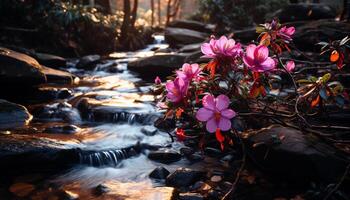 AI generated Freshness of nature, green leaves, flowing water generated by AI photo