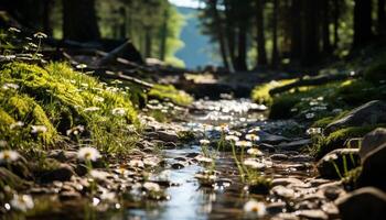 AI generated Tranquil scene of green forest, water, and flowers generated by AI photo