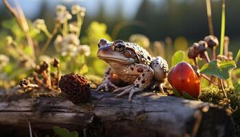AI generated Cute toad sitting on wet leaf in forest generated by AI photo