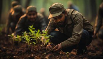 AI generated Two men planting trees in the autumn forest generated by AI photo