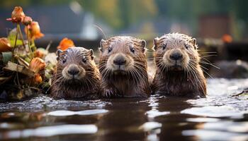 AI generated Cute mammal looking at camera in wet pond generated by AI photo