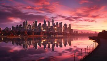 AI generated Skyscrapers reflect in tranquil waterfront at dusk generated by AI photo