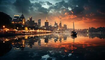 AI generated City skyline reflects in water at dusk generated by AI photo