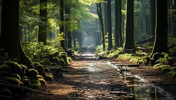 AI generated Tranquil forest footpath reveals autumn beauty in nature generated by AI photo