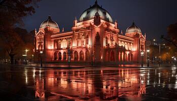 ai generado famoso sitio iluminado a noche, reflejando historia generado por ai foto