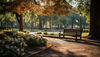 AI generated Autumn tree, leaf, bench, sunlight, forest, footpath generated by AI photo