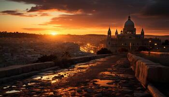 AI generated Ancient basilica illuminated at dusk, cityscape panorama generated by AI photo