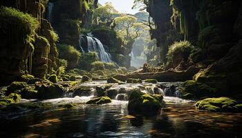 AI generated Majestic forest, flowing water, tranquil scene, natural beauty generated by AI photo