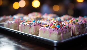 AI generated Sweet food decoration on table, close up, multi colored generated by AI photo