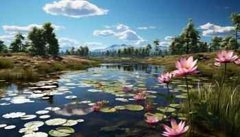 AI generated Tranquil scene of a pink lotus water lily generated by AI photo