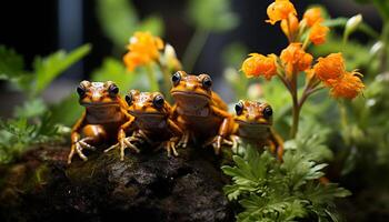 AI generated Cute toad sitting on wet leaf in forest generated by AI photo