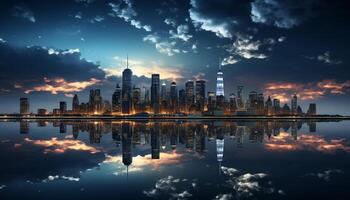 AI generated Bright skyline reflects on water, illuminating cityscape generated by AI photo