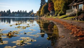 AI generated Tranquil autumn forest reflects vibrant yellow and green generated by AI photo