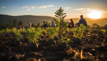 AI generated Men working on a farm under the sunset generated by AI photo