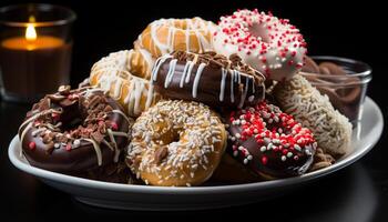 AI generated Gourmet chocolate doughnut, tempting indulgence on plate generated by AI photo