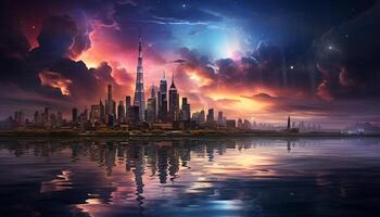 AI generated Futuristic skyline reflects in water, illuminating city generated by AI photo