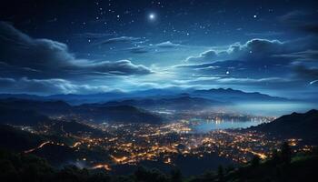 AI generated Night sky illuminates mountain peak in breathtaking landscape generated by AI photo