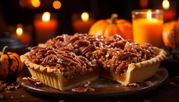 AI generated Pumpkin pie, Halloween dessert, sweet indulgence, autumn celebration generated by AI photo