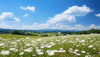 AI generated Green meadow, blue sky, yellow flowers, tranquil scene generated by AI photo