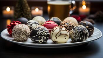 AI generated Chocolate dessert on ornate plate, Christmas decoration generated by AI photo