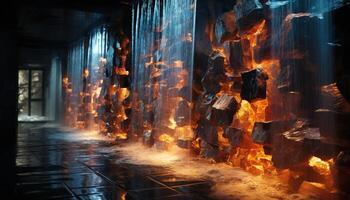 AI generated Glowing inferno melts steel in dark factory generated by AI photo