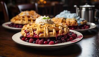 AI generated Fresh fruit dessert on wooden plate, homemade and healthy generated by AI photo