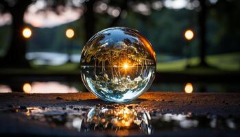 ai generado reflexión de naturaleza en vaso esfera al aire libre a noche generado por ai foto