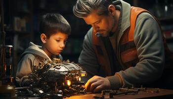 ai generado padre y hijo trabajando juntos en un taller generado por ai foto