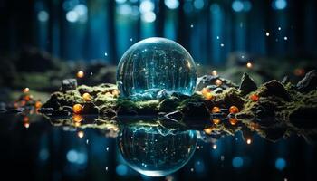 ai generado reflexión de naturaleza en un esfera de agua generado por ai foto