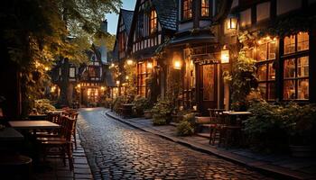 AI generated Outdoor table illuminated by lanterns in the dusk generated by AI photo