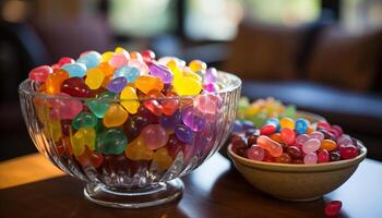 AI generated Multi colored candy bowl on green table background generated by AI photo