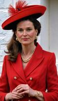 AI generated photo of beautiful lady europe woman with red coat and hat standing at garden, generative AI