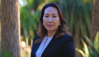 AI generated photo of beautiful middle aged asian woman with suit standing at garden, generative AI