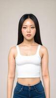 AI generated photo of beautiful young asian woman with crop white top and jeans standing at white backdrop, generative AI