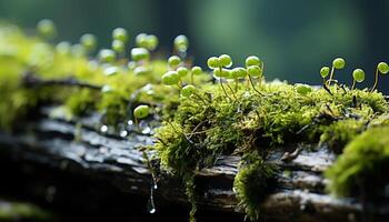 AI generated Fresh green leaves on wet tree branch in spring generated by AI photo