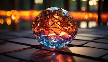 AI generated Shiny glass sphere reflects vibrant colors at night generated by AI photo