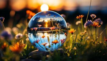 AI generated Sunset meadow, nature beauty in vibrant green generated by AI photo