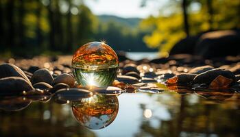 ai generado tranquilo escena, reflexión de otoño árbol en estanque generado por ai foto