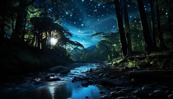 AI generated Tranquil scene of a dark forest at night generated by AI photo