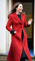 AI generated photo of beautiful happy lady europe woman with red coat and scarf standing at garden, generative AI