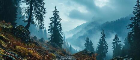 AI generated Majestic mountain peaks rising above the misty alpine forest photo