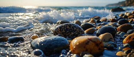 AI generated Wet pebbles glisten on the shore as waves break gently in the golden light of sunrise photo