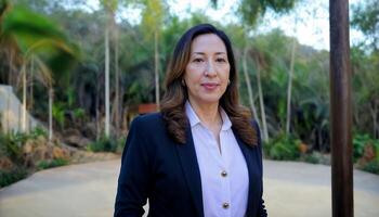 AI generated photo of beautiful middle aged asian woman with suit standing at garden, generative AI