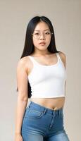 AI generated photo of beautiful young asian woman with crop white top and jeans an glasses standing at white backdrop, generative AI