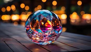 AI generated Shiny glass sphere reflects brightly lit night generated by AI photo