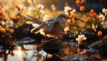 ai generado tranquilo escena, pájaro encaramado en rama, naturaleza belleza generado por ai foto