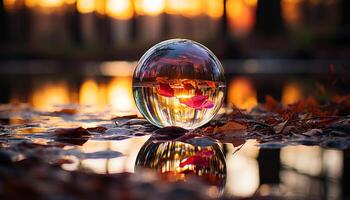 AI generated Autumn leaf reflects beauty in nature glass sphere generated by AI photo