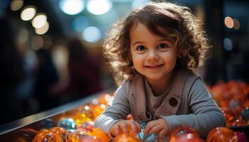 AI generated Smiling child enjoys Christmas lights with family generated by AI photo