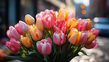 AI generated Vibrant tulip bouquet brings romance to formal garden generated by AI photo