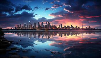 AI generated City skyline reflects sunset, architecture illuminates night generated by AI photo